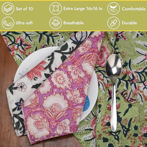 10-Piece Hand Block Print Cotton Napkins, Floral Table Linens 16x16 Inch