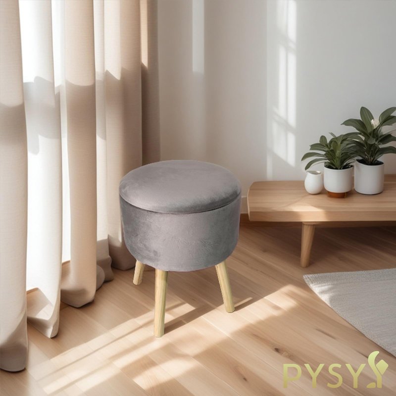 PYSYY Round Gray Velvet Storage Ottoman, Multifunctional Foot Rest with Storage, Modern Foot Stools for Bedroom and Living Room, 11.8" Wx11.8 Dx14.57 H Soft Ottoman