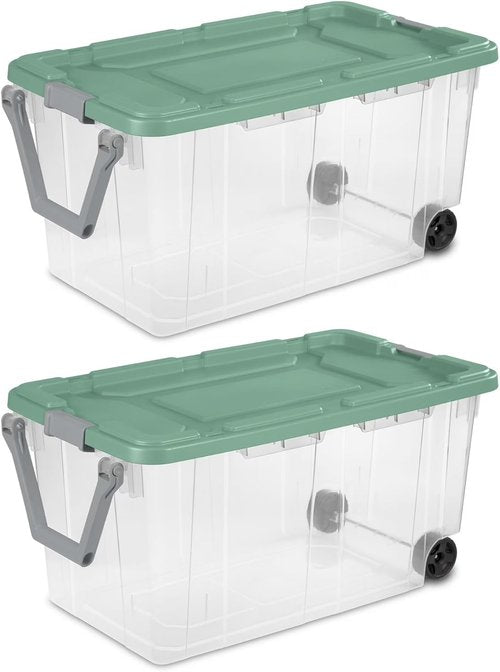 Extra Large Wheeled Storage Bin - 160 Quart Durable Clear Container with Latch Lid & Handle | Light Green, 2 Pack