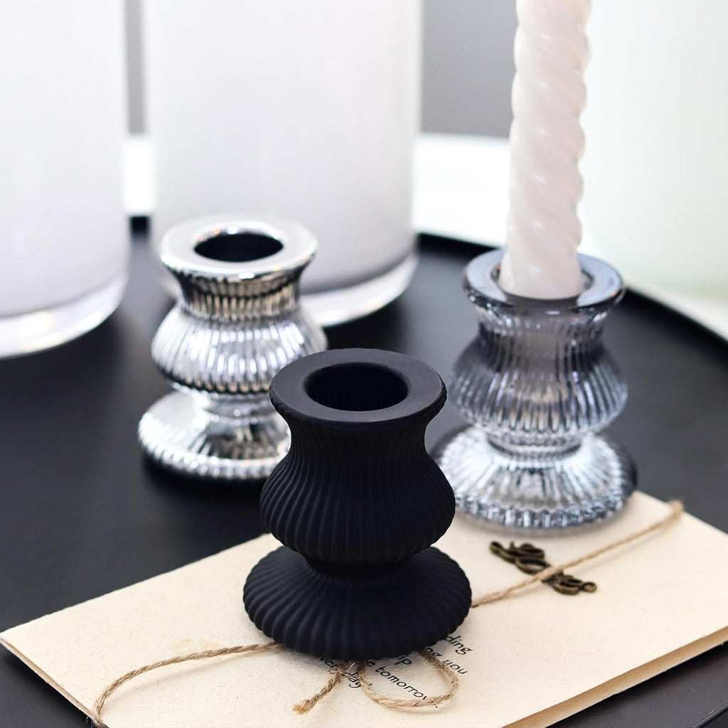WDHODEC Black & White Candlestick Holders - 12PCS Glass Taper Holders for Elegant Table Centerpieces