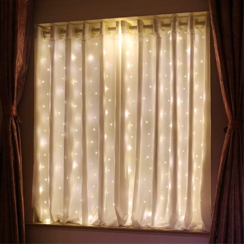 HXWEIYE Short Curtain Lights - 3.3x5Ft Warm White Fairy Light with Timer & Clips | Battery Powered 96LED for Indoor Decor