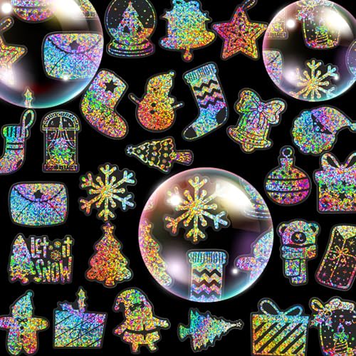 Holographic Christmas Sticker Set 50pcs - Transparent Waterproof Scrapbooking Decor