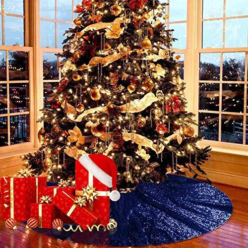Navy Blue Christmas Tree Skirt 60 Inch Sequin Holiday Decor for Small Trees
