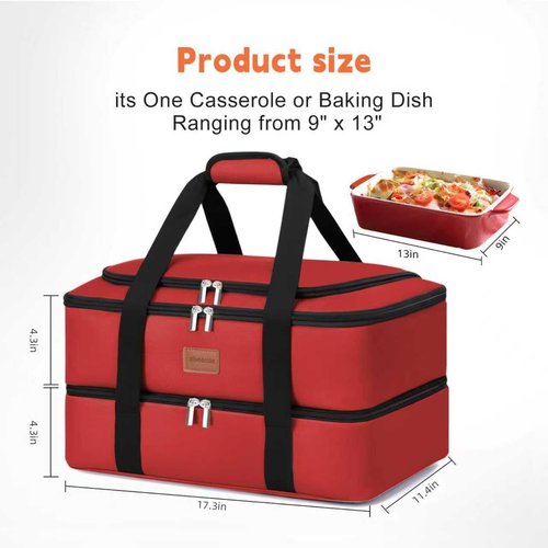 Insulated Casserole Carrier - Double Decker Food Carrier for Hot or Cold Meals | Portable Leakproof Thermal Bag (Red)