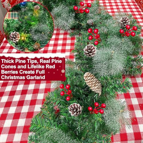 Camlinbo 18 Ft Prelit Snowy Pine Garland with Remote, 100 Warm White & Multicolor LEDs, 8 Modes, Timer, 352 Tips