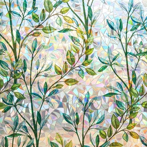 Leaf Pattern Privacy Film - 3D Rainbow Static Cling Window Covering, 17.5" x 78.7"