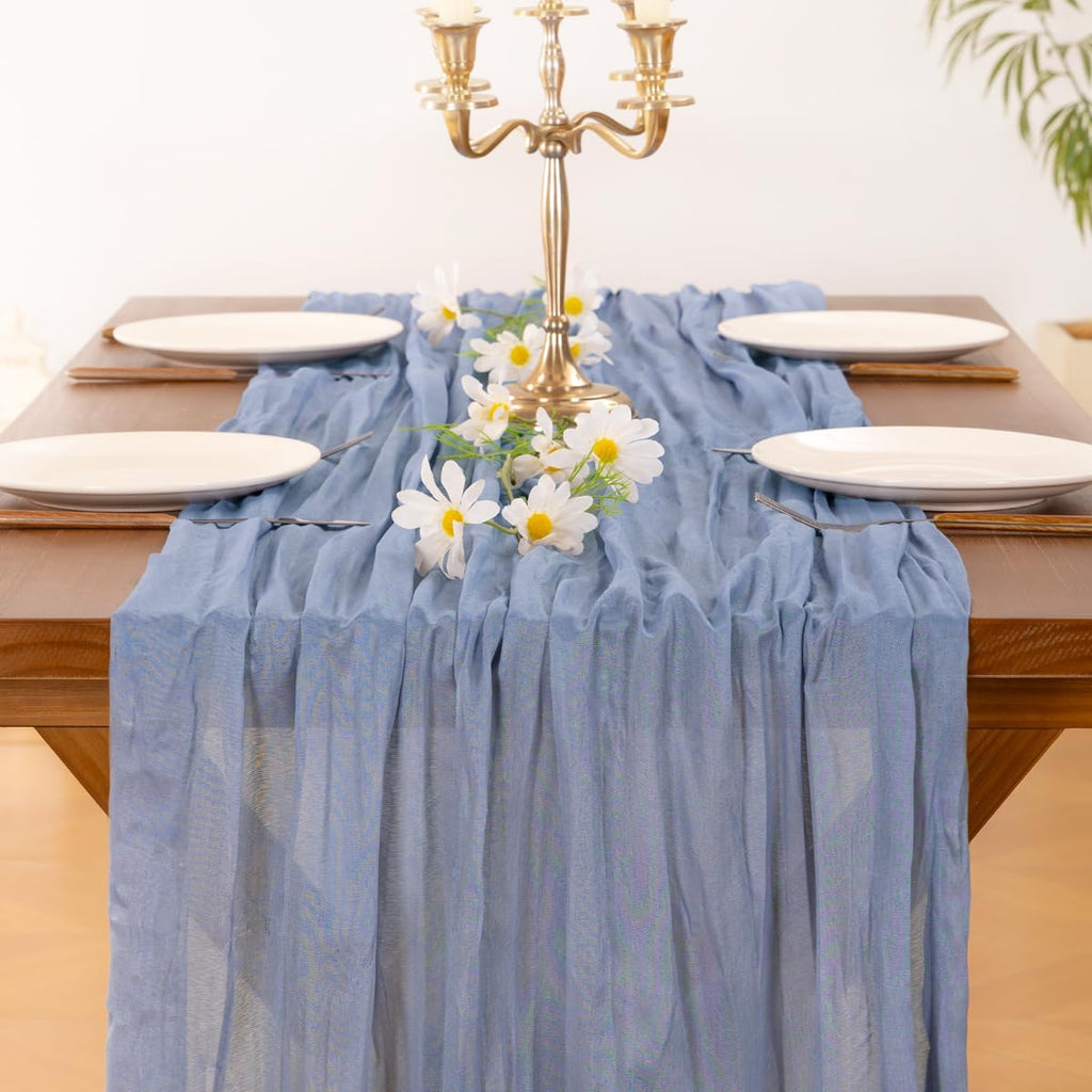 Socomi Cheesecloth Table Runner - Dusty Blue Boho Rustic Design | 120 Inch for Weddings & Home Decor