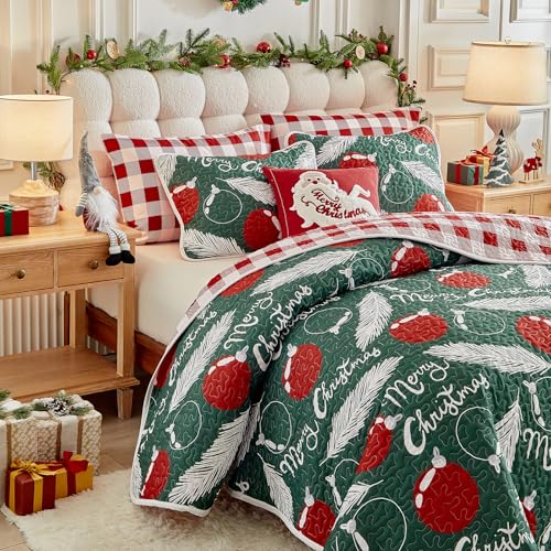 UOZZI Bedding King Size Reversible Christmas Quilt Set Green Red Feathers Plaid 101x88