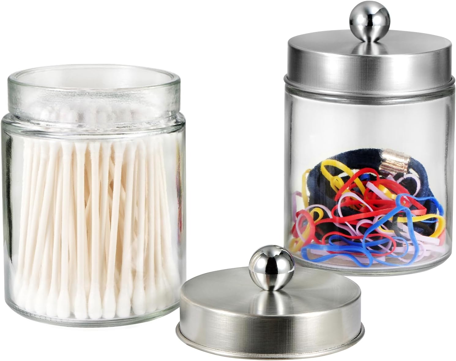 SheeChung Glass Qtip Holder Dispenser - Rust-Proof Stainless Steel Apothecary Jars | Bathroom Organizer for Cotton Swabs, Balls, Pads - Brushed Nickel Finish