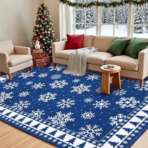 ROYHOME Blue Snowflake Christmas Area Rug 5x7 ft Washable Decor