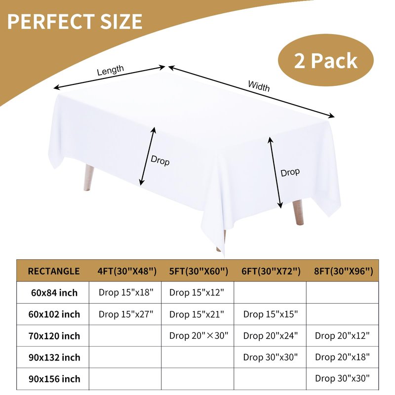 Fixwal 2 Pack White 90 x 132 Inch Rectangle Tablecloths, Reusable Heavy Duty Washable Polyester Table Covers for Banquet Tables, Wedding, Party, Birthday, Outdoor, Picnic, Camping