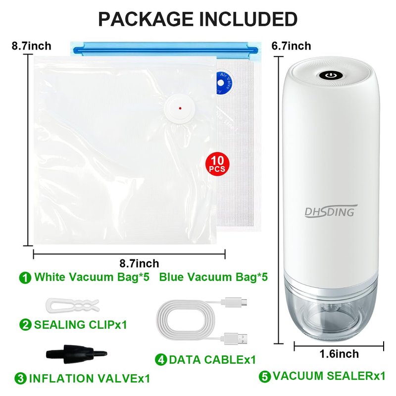 DHSDING Handheld Vacuum Sealer for Food – Portable Mini Food Saver with 10 Reusable BPA-Free Bags – Compact Vacuum Sealer Machine for Sous Vide, Meal Prep & Food Storage