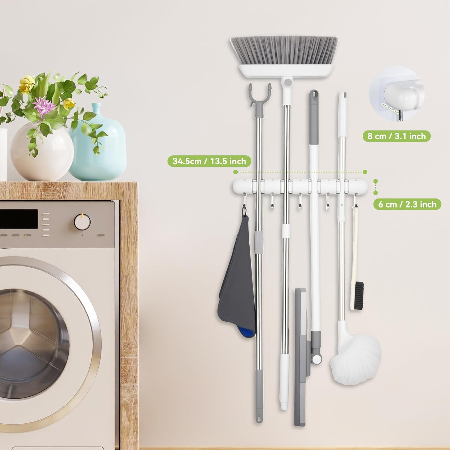 OTraki Broom Holder Wall Mount - No Drill Mop Organizer with 4 Slots & 5 Hooks | Ideal for Garage & Kitchen Storage