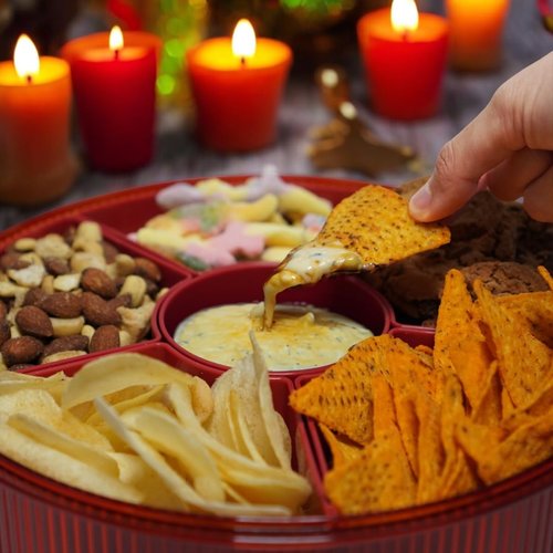 HOUSIO Snackle Box Container, Round Divided Serving Tray with lid 6parts (Red) for Veggie, Candy and Nuts Organizer, Snackle Charcuterie Boxes for Travel, Party and Picnic