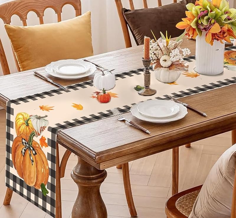 Thanksgiving Fall Table Runner 13x72 Inches Buffalo Plaid Pumpkin Decor