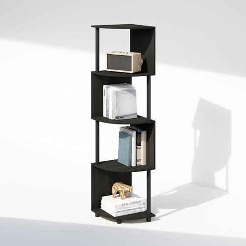 Furinno 4-Tier Zigzag Corner Bookshelf - Stylish Espresso/Black Bookcase for Living Room & Home Office