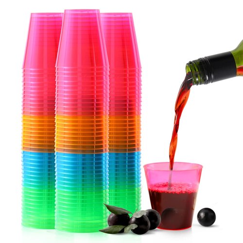 QIANQUEYUE 250 Pack 2oz Disposable Hard Plastic Cups Shot Glasses, Jello Cups, Iridescent Neon Birthday Christmas Party Supplies
