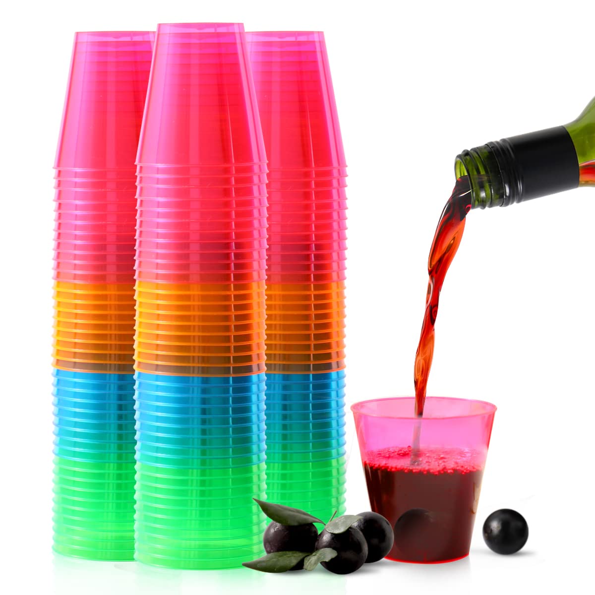QIANQUEYUE 250 Pack 2oz Disposable Hard Plastic Cups Shot Glasses, Jello Cups, Iridescent Neon Birthday Christmas Party Supplies