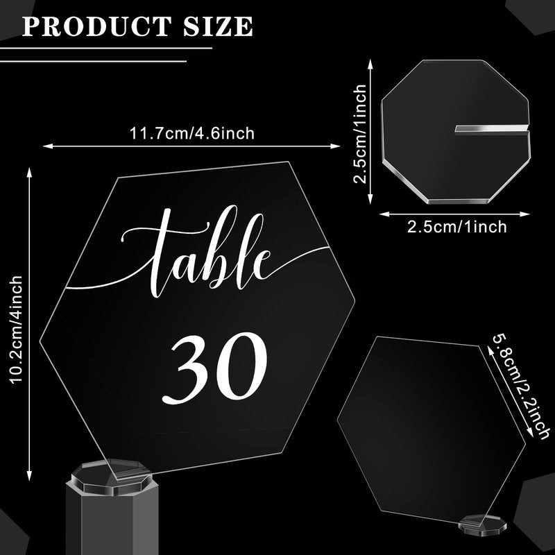 30 Pieces Acrylic Table Numbers 1-30 for Wedding Reception Clear Table Number Signs 1-30 with Stand Hexagonal Rectangle for Wedding Event Party Restaurant