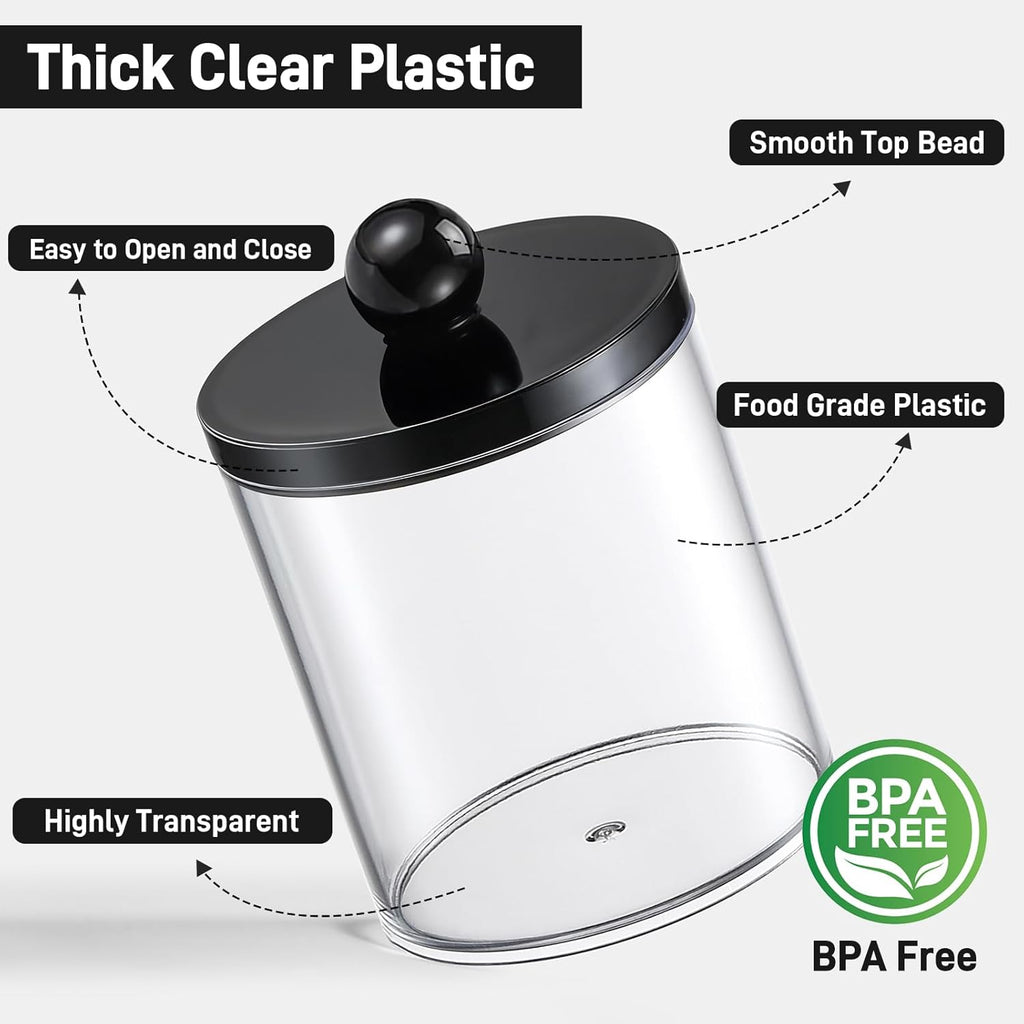 Skiennix Acrylic Qtip Holder Dispenser - 6 Pack Cotton Swab & Makeup Storage Canisters | Clear & Black