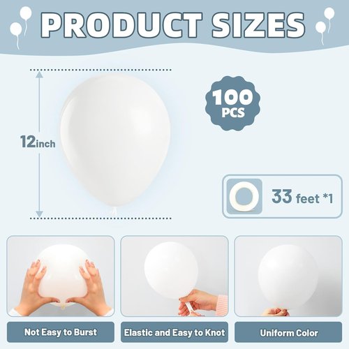 LOLStar White Latex Balloons - 100 Pcs 12-Inch Round Balloons for Wedding & Party Decorations