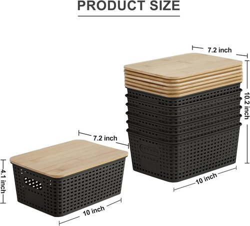 Bagnizer Small Plastic Storage Bins - Stackable 5.2qt Decorative Containers with Bamboo Lids | Black, Set of 6