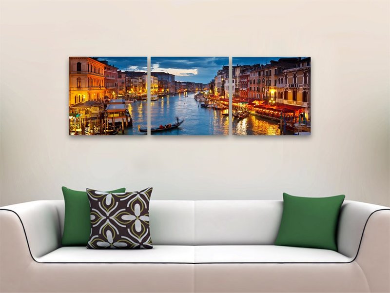 Wieco Art Venice Night 3 Piece Giclee Canvas Prints Wall Art Italy City Skyline Landscape Picture Paintings for Living Room Bedroom Home Decorations Modern Stretched and Framed Cityscape Artwork