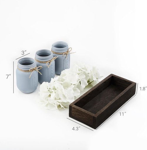 Mkono Decorative Wood Tray - Mason Jar Centerpiece with 3 Painted Jars & Artificial Flowers | Rustic Farmhouse Decor for Dining Room & Living Room