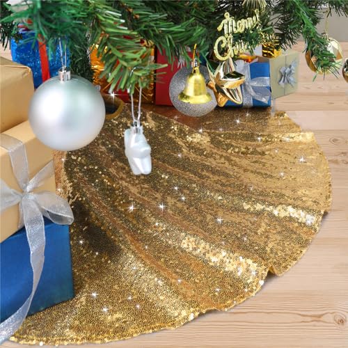 48-Inch Gold Sequin Christmas Tree Skirt - Glitter Holiday Tree Cover