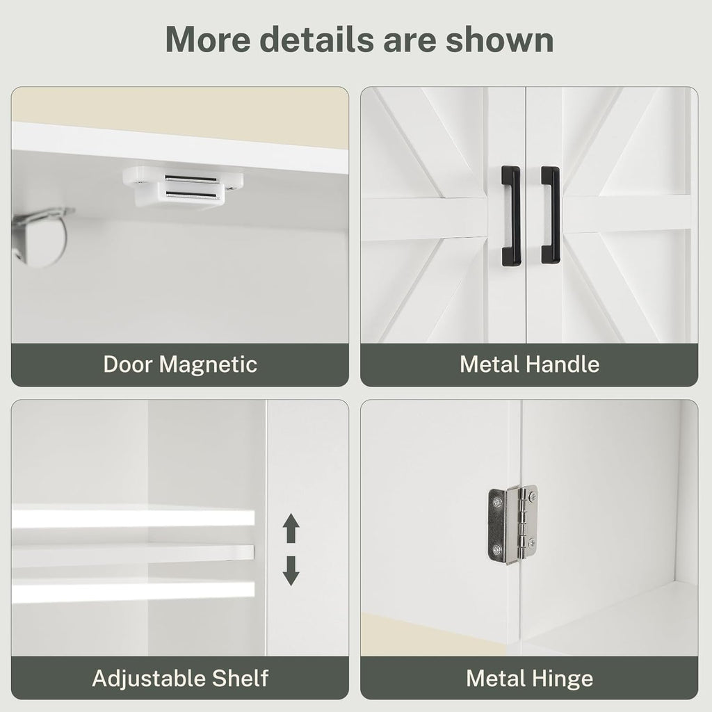 TEENFON Over The Toilet Storage Cabinet - Extra Tall Bathroom Organizer with 4 Open Shelves & 2 Barn Doors | White