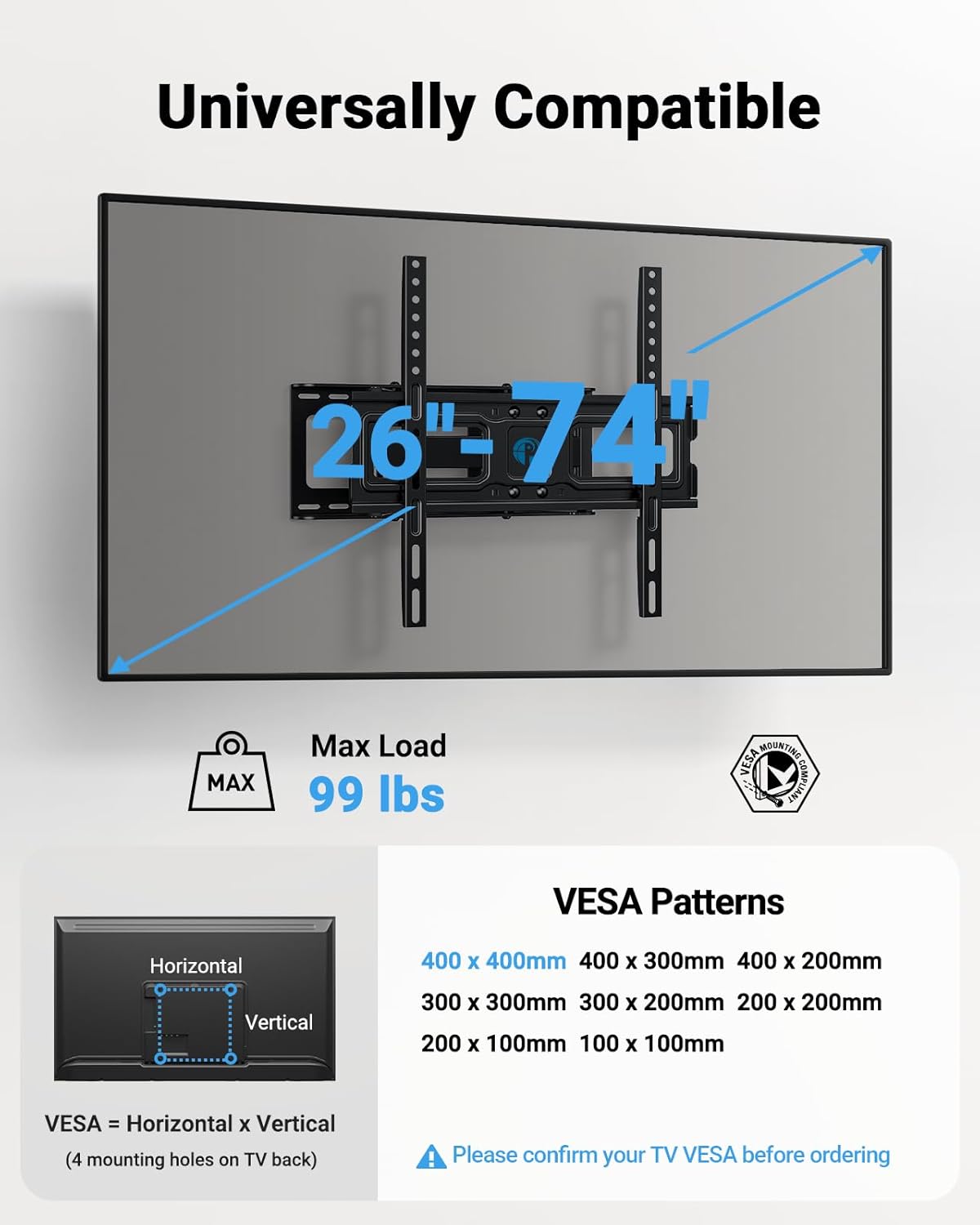 Pipishell TV Wall Mount - Full Motion Bracket for 26-74 Inch TVs | Supports Up to 99lbs, VESA 400x400mm