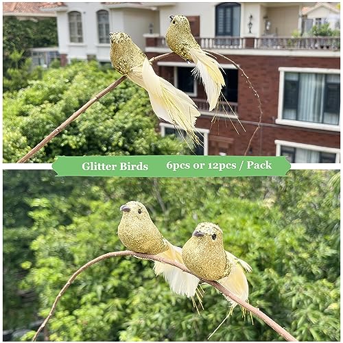 12pcs Gold Glitter Birds Christmas Tree Ornaments Clip-On Feathered Decorations
