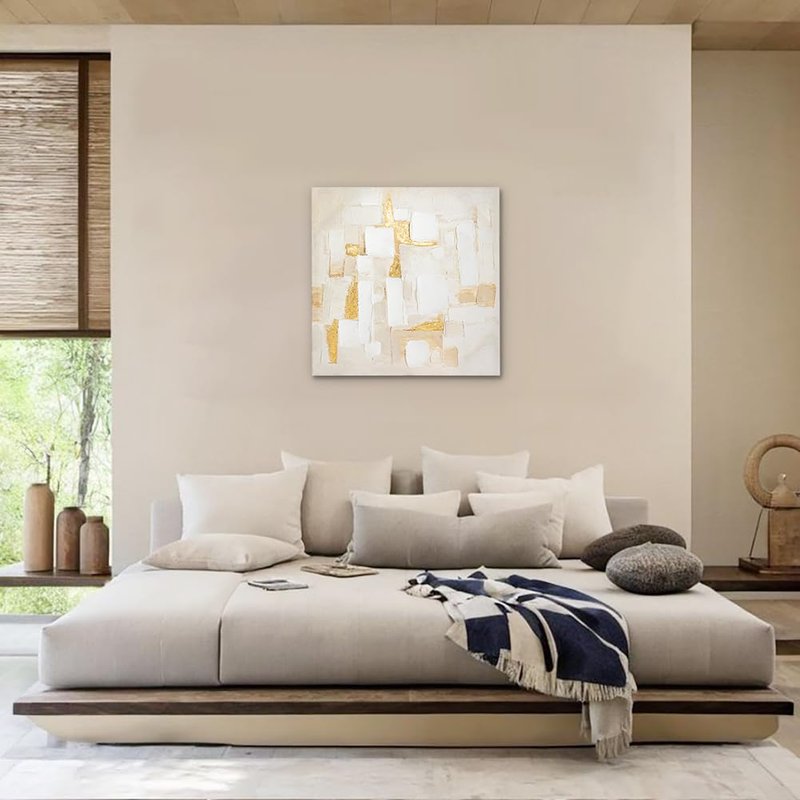 Briful Neutral Abstract Wall Art for Living Room, Textured White and Gold Canvas Wall Decor, Modern Minimalist Square Wall Art for Bedroom, Entryway, Office, Ready to Hang, 23.6" x 23.6"
