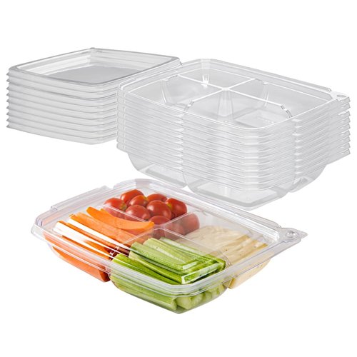 Tamper Tek 13 Ounce Rectangle Take Out Containers, 100 Durable Carryout Containers - Tamper-Evident, Freezable, Clear Plastic To-Go Containers, 4 Compartments, With Hinged Lids - Restaurantware