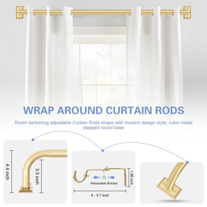TANGWIN Gold Wrap Around Curtain Rods 2 Pack:Blackout Heavy Duty Adjustable Window Curtain Rod Room Darkening,Modern Industrial Curved French Return Metal Drapery Rods Easy Install,Brass Gold 48-90"
