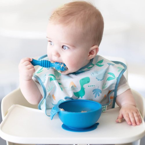 Bumkins Silicone Baby Utensil Set - Soft Tip Trainer Spoons for Self-Feeding | 3-Pack in Blue & Green