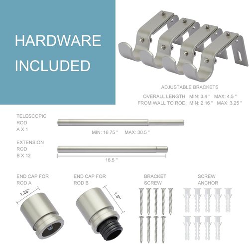 Byondeth Adjustable Curtain Rods for Windows - 16 to 200 Inches, 1 Inch Diameter, Brushed Nickel Finish