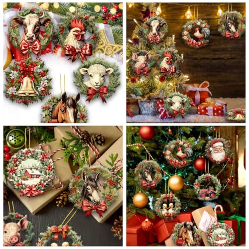 Christmas Farm Animals Wooden Ornaments - Set of 24 Holiday Tree Decorations