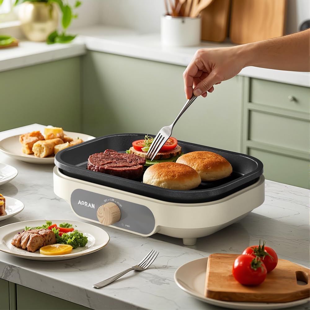 AORAN 600W Dual-Zone Electric Skillet - 12x8 Inch Nonstick Griddle Pan with Flat & Ribbed Grill Sections, Fast Heating, Smoke-Free Design, Includes Lid/Oil Brush/Food Tongs (Stainless Steel) White