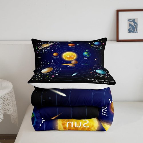Erosebridal Kids Outer Space Comforter Set, Boys Starry Sky Galaxy Duvet Sets Full Size Planet Space Down Comforter for Girls Teens Adult Bedroom Decor, Solar System Cosmos Bedding Set, Blue Purple