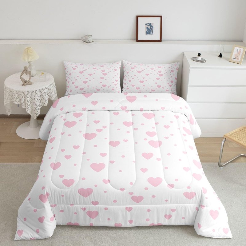 Feelyou Hearts Bedding Set Twin, Cute Love Hearts Comforter for Boys Girls Pink and White Reversible Comforter Set Geometric Pattern Duvet Set Decorative with 1 Pillow Case Reversible