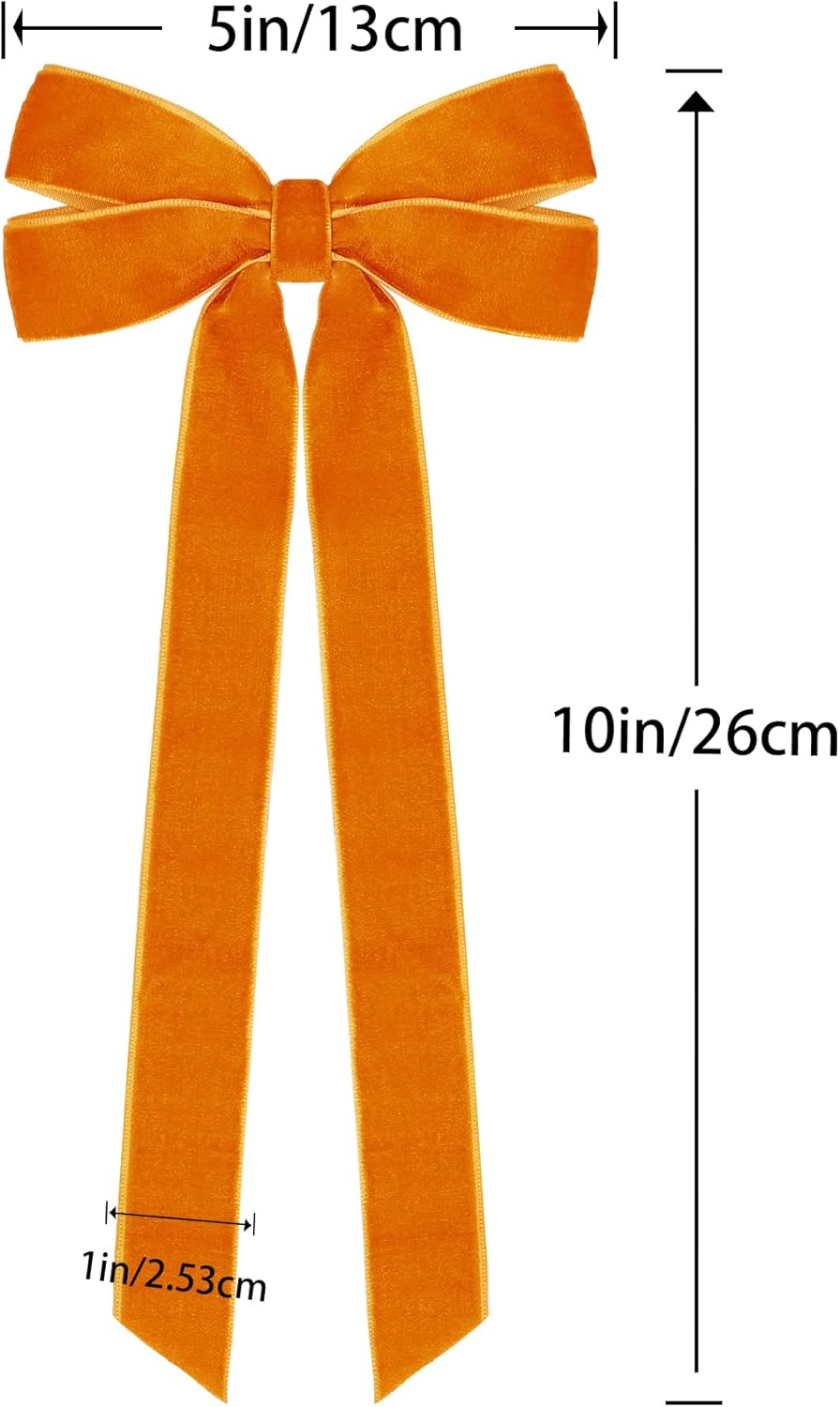 Skiennix 12Pcs Fall Velvet Ribbon Bows - 5in x 10in Orange Christmas Ornaments for Home Decor
