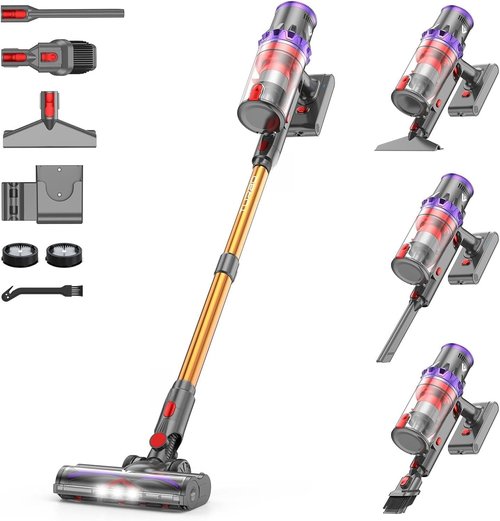 Coovy SU7 Cordless Vacuum Cleaner - 580W Powerful 50Kpa Suction | 80-Minute Runtime, Touch Screen, Lightweight, Gold