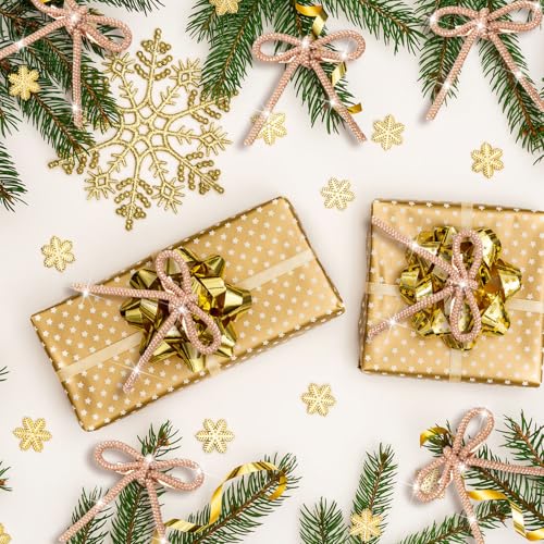 Suncalla 12 pcs Gold Glitter Rhinestone Christmas Tree Bows 3.2"x2.8" with Clips - Holiday Decorations