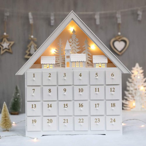 PIONEER-EFFORT Christmas Wooden Advent Calendar House with 24 Drawers, Countdown to Christmas for Kids, LED Home Decoration, L16.25 x H17.9 x T2.87 inches, Battery Operated