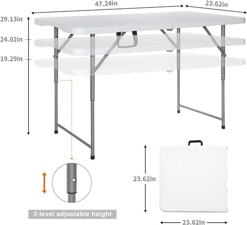 Lakhow Folding Table - 4-Foot Heavy Duty Plastic Utility Table | Portable Adjustable Height for Indoor/Outdoor Use - White