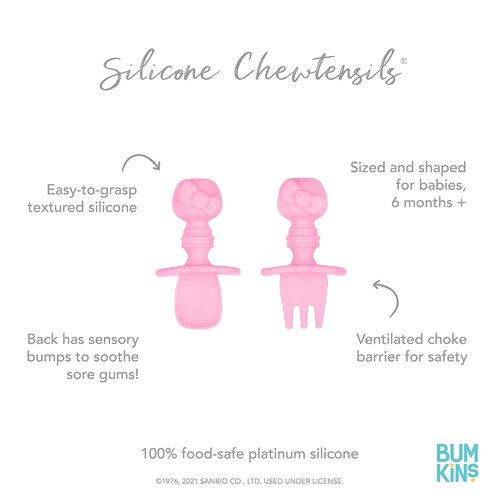 Bumkins Baby Utensils Set - Chewtensils Silicone Spoons for Self-Feeding | Hello Kitty Pink, 6 Months