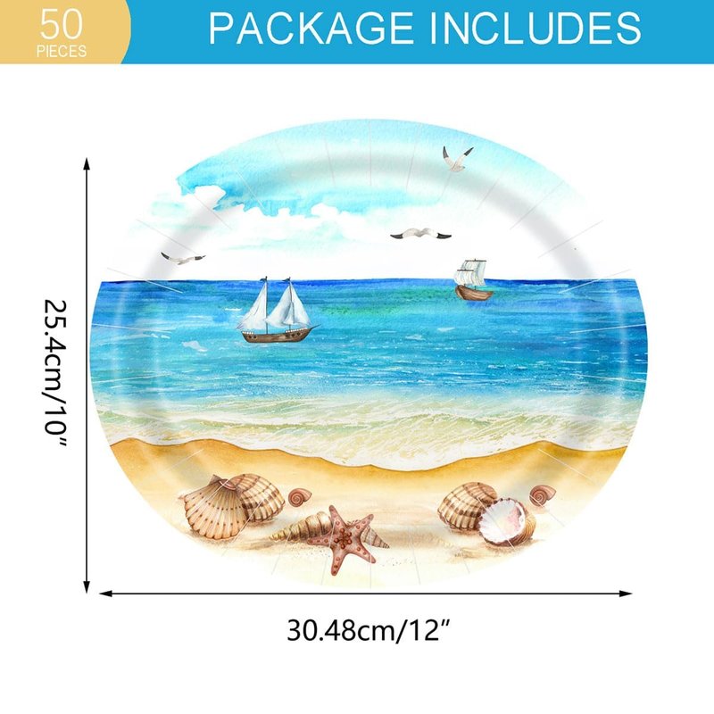 Aysimple 50 Count Nautical Beach Oval Paper Plates Platter 10" x 12" Disposable Sea Shells Ocean Serving Dish for Spa Party Baby Shower Summer Holiday Party Tableware Supplies Decor