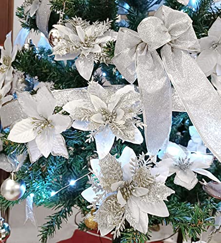 12-Pack 5.5-Inch Silver Glitter Poinsettia Christmas Tree Ornaments