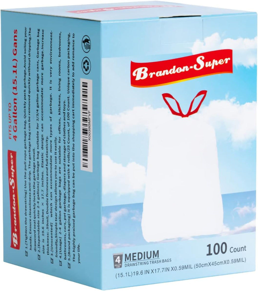 Skiennix 4 Gallon Drawstring Trash Bags - Thickened & Stretchy for Office, Kitchen, Bathroom | 100 Count